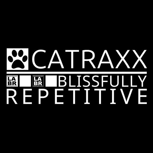 Black & White show log. With a picture of a black cat's paw on a white background. Entire logo has a background, with the words "Catraxx - Blissfully Repetitive" In side two of the 4 squares, are the LABR Logo's with the hashtags and website on them top and bottom. One white on black, and one black on white.