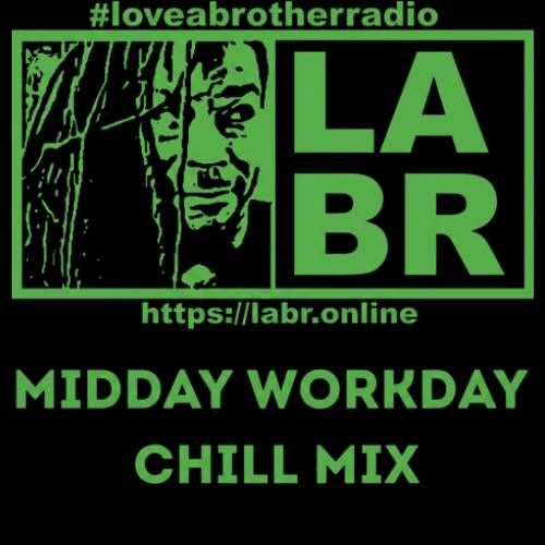 #loveabrotherradio on top in blue with the entire image with a black background. A rectangular box slit into two. left side, a picture of brother soul looking to his left, your right at the box on the right. On the right side, the letters LABR stacked on top of each other in white. Under the two boxes is the website. https://labr.online also in white as well as the logo and labr letters. Directly under the website, is the words in bold blue textured letters are the words midday workday chill mix.