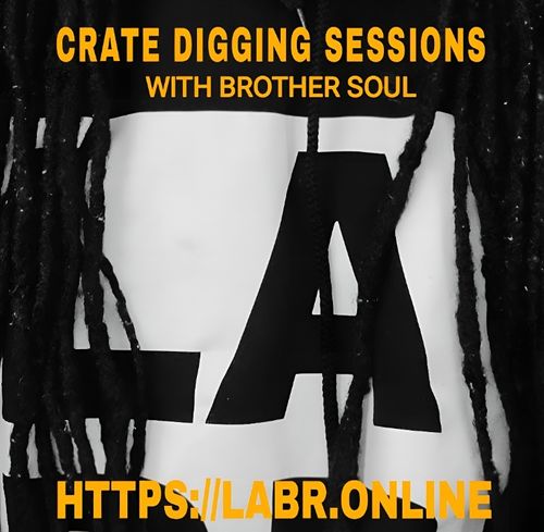 Black background, #loveabrotherradio on top. Two gold, rust color paint marks across the black background, Black Women standing in the center with her back to us. With a huge beautiful afro. with a shirt that's like a t-back with her back semi exposed. across her back is the show name. Sunday Night Soul and right under is the website. https://labr.online And covering the entire image is the LABR Log