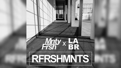 Black and white image of a modern patio with grid shadows, labeled "Mnty Frsh x LABR Logo." Text at the bottom reads "RFRSHMNTS." Minimalistic and geometric.
