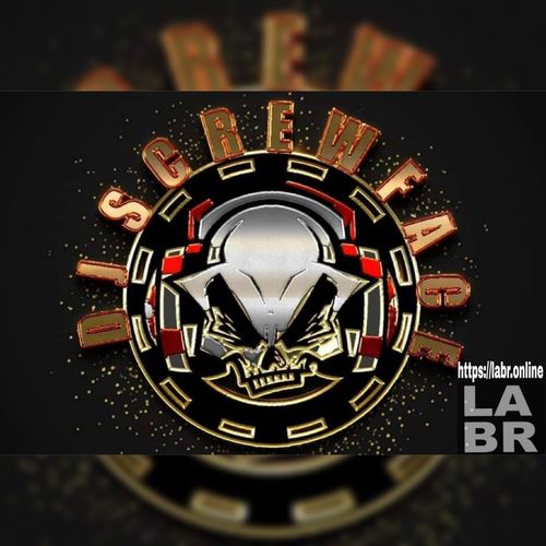  Off black background. Speckled dots through out. Center is a white gothic looking skull with it's face screwed up. Wearing red and grey stylish headphones inside of a circle with a dark black background, with rectangles on the inside of the circle. And in gold letters from right to left on top of the circle is the words DJ Screwface. LABR logo lower right hand side.